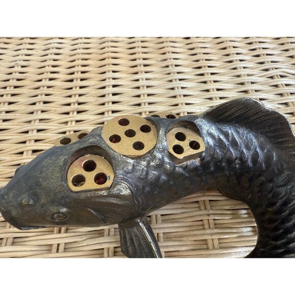 Vintage MCM Japan Bronze Metal Koi Fish Flower Frog Ikebana - Picture 8 of 14